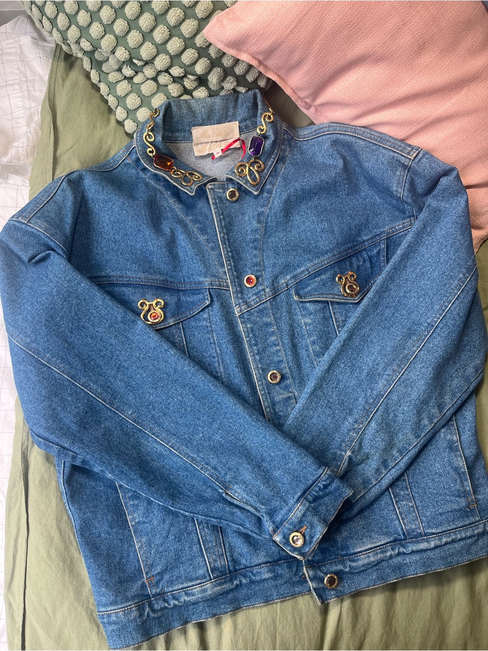 Vintage Embellished Denim Jacket | Statement Jewel Collar | 90s Glam